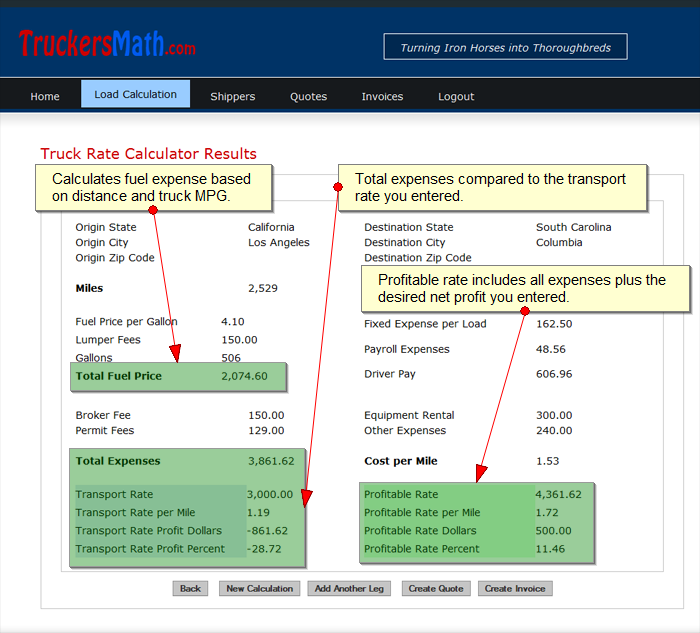 truck rate calculator results